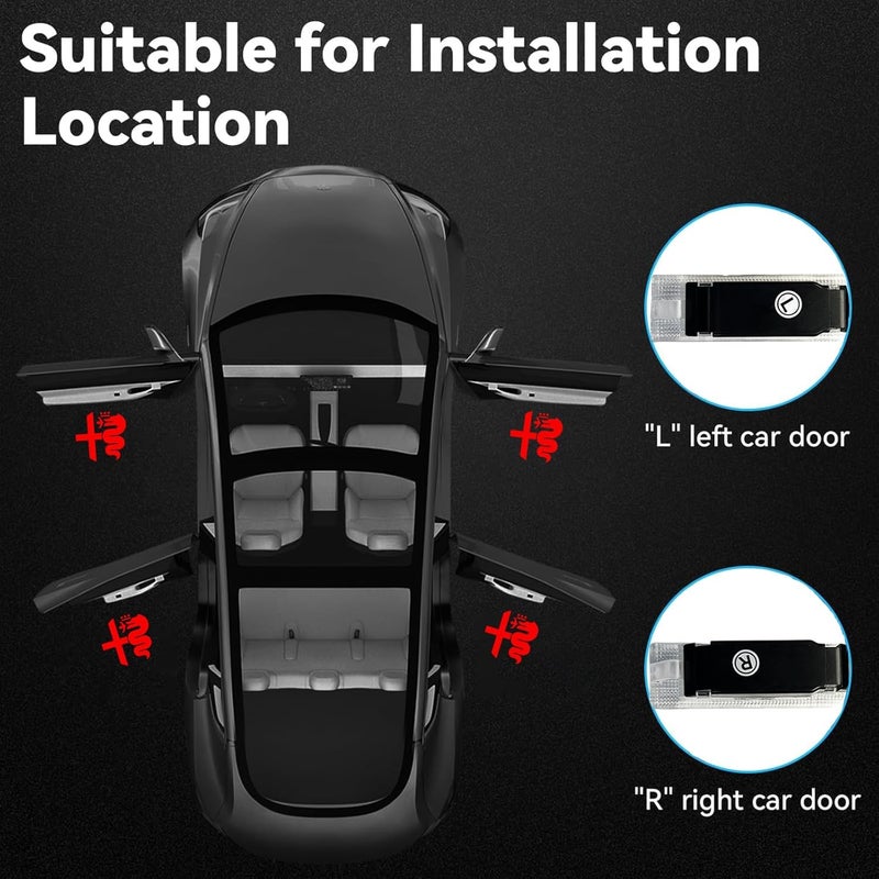 JUNMEI Door Lights Logo Projector Puddle Lights Ultra-Bright Welcome Step Light,Never Fade Puddle Lights Compatible with Alfa Romeo Giulia 952 Stelvio 949 Tonale Giulietta Accessories (Red Logo) - Image 3